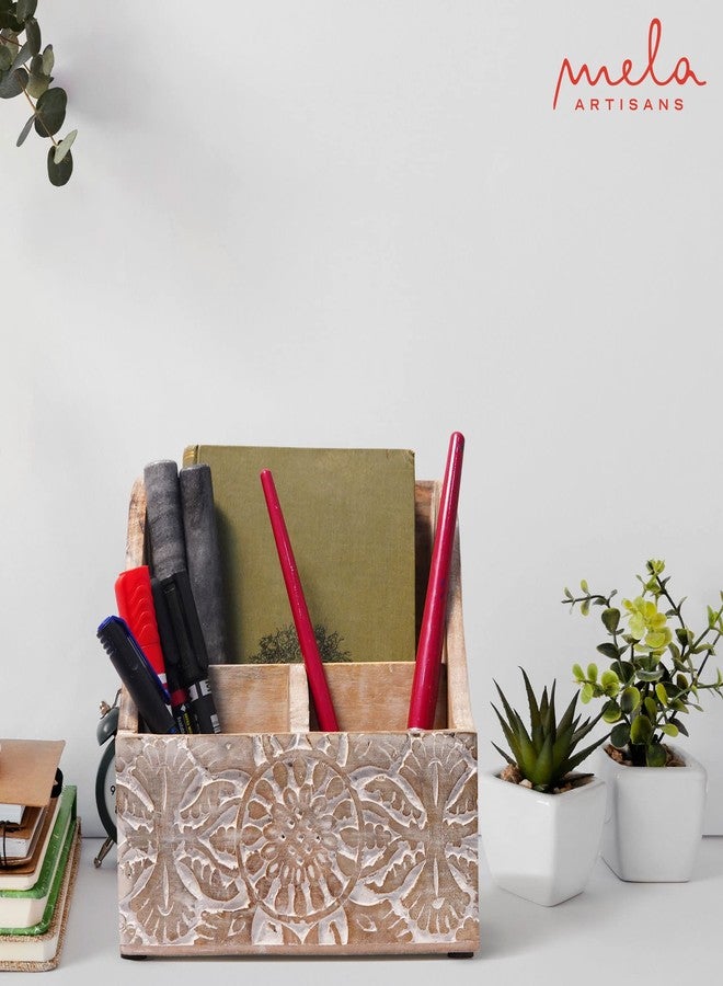 Mela Artisans 7.2" x 7.3" Whitewash Wooden Desk Organizer – Wood Mail Holder with Multi-Compartment Storage for Home Desk Organization & Rustic Office Decor - Image 4