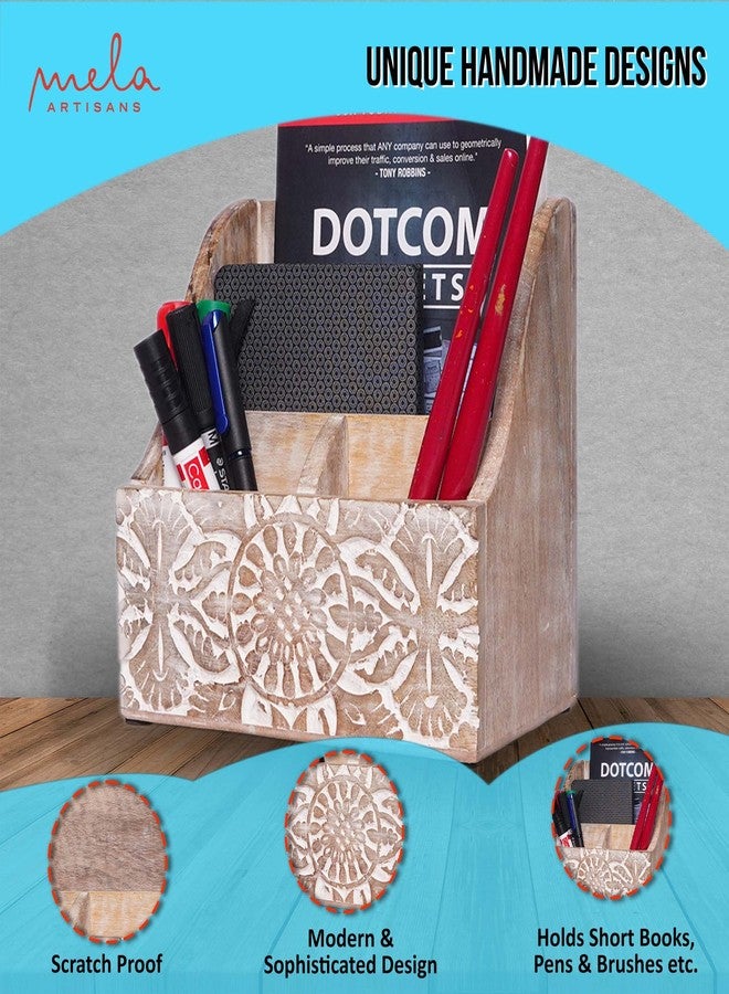 Mela Artisans 7.2" x 7.3" Whitewash Wooden Desk Organizer – Wood Mail Holder with Multi-Compartment Storage for Home Desk Organization & Rustic Office Decor - Image 2