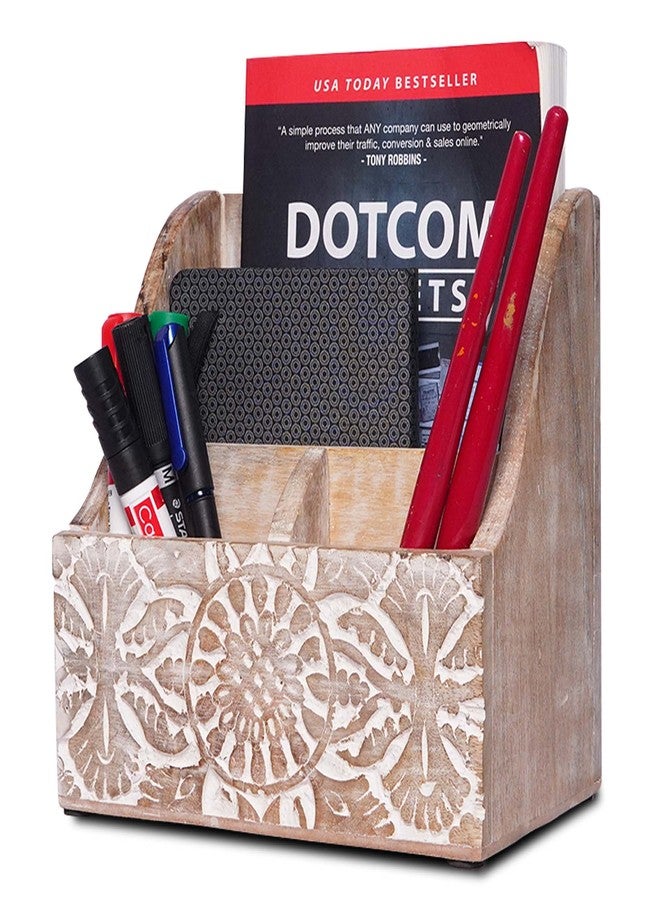 Mela Artisans 7.2" x 7.3" Whitewash Wooden Desk Organizer – Wood Mail Holder with Multi-Compartment Storage for Home Desk Organization & Rustic Office Decor - Image 1