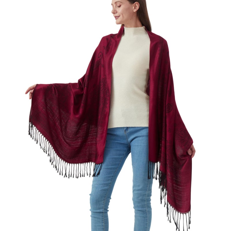 Nonakgado Pashmina Shawl Scarf-Ladies paisley Pashmina Wraps for Women Spring Fall Winter(Sy5-Black Burgundy) - Image 1