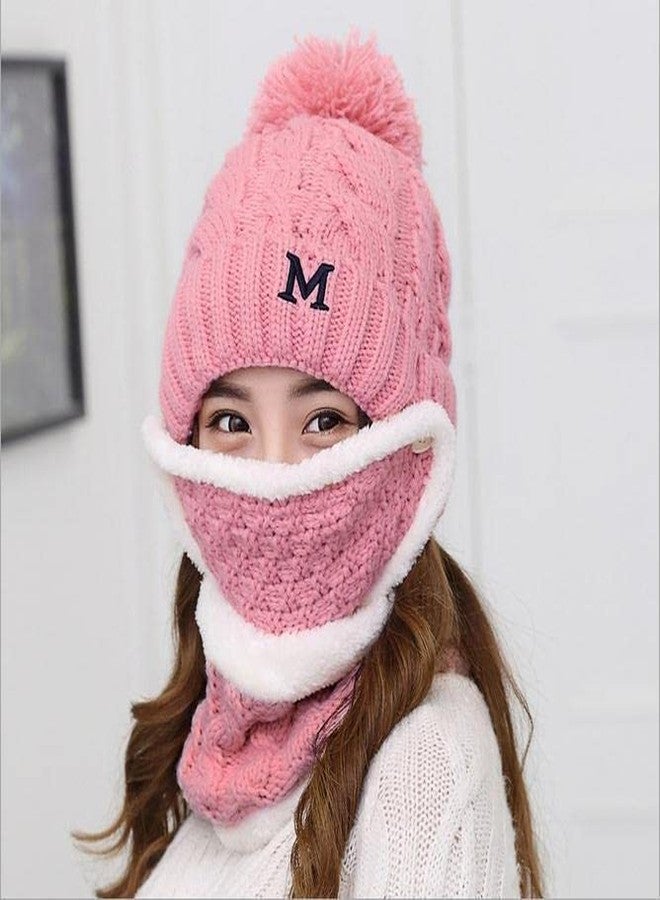 Dressify® Winter Soft Warm Snow Proof Pom Pom Cap (Inside Fur) Woolen Beanie Cap with Scarf & Mask for Women's & Girl's (Freesize)-Pink Color - Image 2