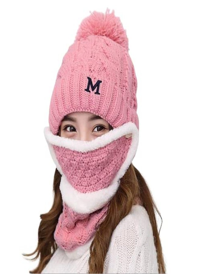 Dressify® Winter Soft Warm Snow Proof Pom Pom Cap (Inside Fur) Woolen Beanie Cap with Scarf & Mask for Women's & Girl's (Freesize)-Pink Color - Image 1