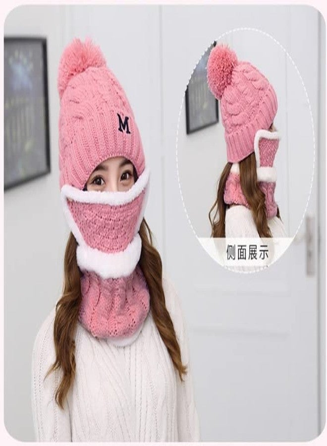 Dressify® Winter Soft Warm Snow Proof Pom Pom Cap (Inside Fur) Woolen Beanie Cap with Scarf & Mask for Women's & Girl's (Freesize)-Pink Color - Image 5