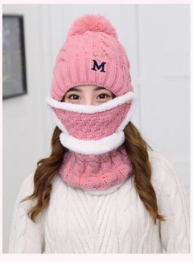 Dressify® Winter Soft Warm Snow Proof Pom Pom Cap (Inside Fur) Woolen Beanie Cap with Scarf & Mask for Women's & Girl's (Freesize)-Pink Color - Image 4