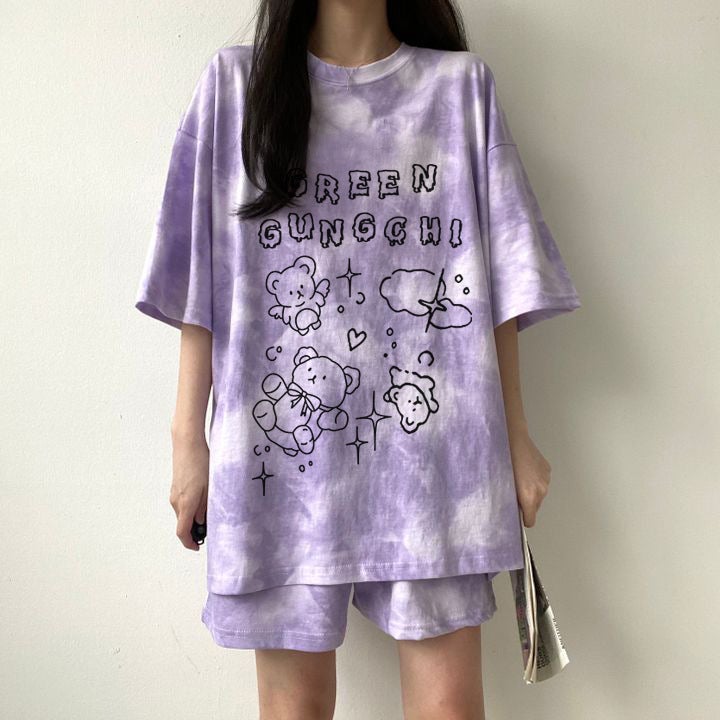 Foreign Trade Korean Suit Womens Summer 2024 New Loose Thin Short-sleeved T-shirt Fat Guy Two-piece clothing 370-A177 Purple - Image 1