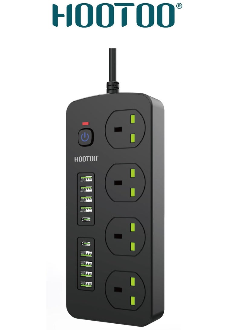 HooToo 4-outlet power strip. extension socket with 8-port USB & 2-port Type-C PD. 3-meter extension wire. 750°C heat-resistant power extension. 3000W original multi plug. extension board with overvoltage protection ,and Switch with on/off switch for safety.  - Image 1