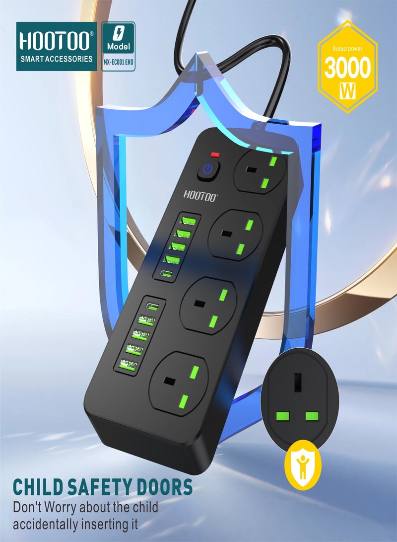 HooToo 4-outlet power strip. extension socket with 8-port USB & 2-port Type-C PD. 3-meter extension wire. 750°C heat-resistant power extension. 3000W original multi plug. extension board with overvoltage protection ,and Switch with on/off switch for safety.  - Image 2
