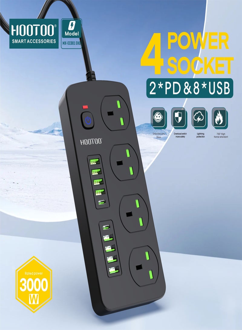 HooToo 4-outlet power strip. extension socket with 8-port USB & 2-port Type-C PD. 3-meter extension wire. 750°C heat-resistant power extension. 3000W original multi plug. extension board with overvoltage protection ,and Switch with on/off switch for safety.  - Image 3