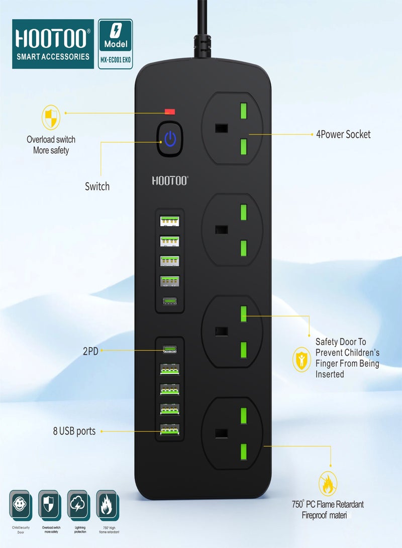 HooToo 4-outlet power strip. extension socket with 8-port USB & 2-port Type-C PD. 3-meter extension wire. 750°C heat-resistant power extension. 3000W original multi plug. extension board with overvoltage protection ,and Switch with on/off switch for safety.  - Image 4
