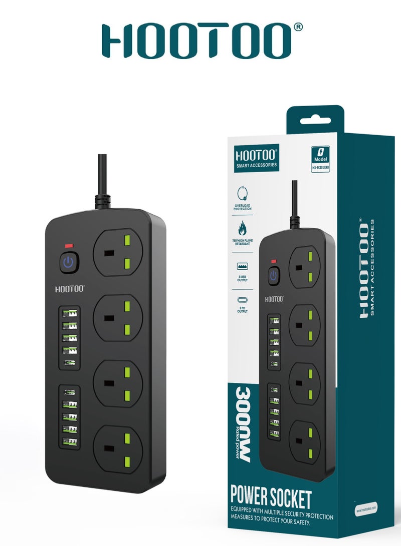 HooToo 4-outlet power strip. extension socket with 8-port USB & 2-port Type-C PD. 3-meter extension wire. 750°C heat-resistant power extension. 3000W original multi plug. extension board with overvoltage protection ,and Switch with on/off switch for safety.  - Image 5