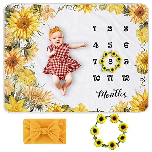 Yoothy Sunflower Baby Monthly Milestone Blanket Girl, Floral Newborns Month Blanket Gift for Baby Shower, Soft Plush Photo Prop Blanket, Wreath &Headband Included, 45''x40'' - Image 1
