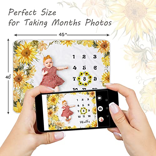 Yoothy Sunflower Baby Monthly Milestone Blanket Girl, Floral Newborns Month Blanket Gift for Baby Shower, Soft Plush Photo Prop Blanket, Wreath &Headband Included, 45''x40'' - Image 3