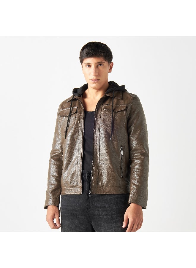 Lee Cooper - Lee Cooper Zip Through Leather Jacket with Hood and Pockets - Image 1