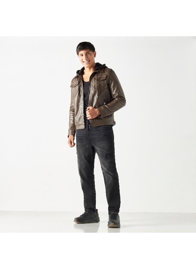 Lee Cooper - Lee Cooper Zip Through Leather Jacket with Hood and Pockets - Image 1