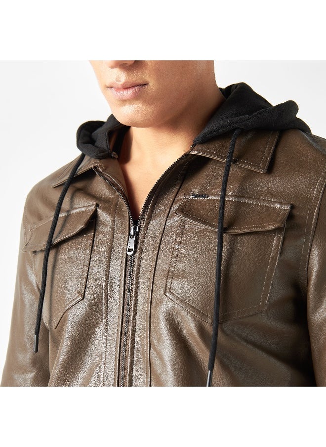 Lee Cooper - Lee Cooper Zip Through Leather Jacket with Hood and Pockets - Image 1