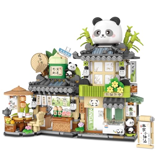 NEWABWN Street View Tea Shop Mini Building Blocks, MOC Creative Building Toys Cute Panda Animals Building Set for Girls 6-12, Simulation Architecture Construction Toy, Gift Idea for Kids Adults (860PCS) - Image 1