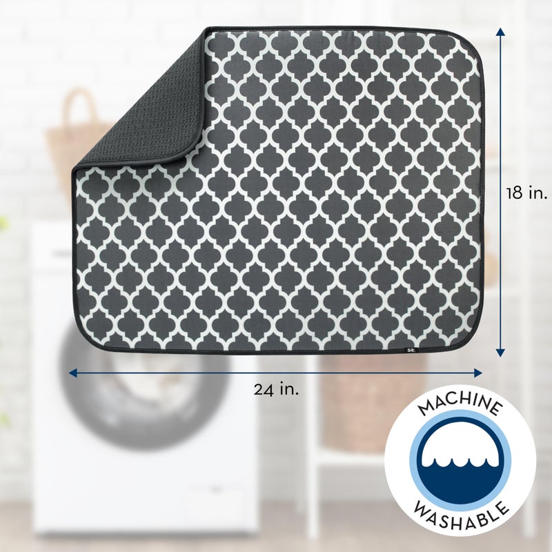 S&T INC. Dish Drying Mat XL, Highly Absorbent Microfiber Kitchen Counter Mat, Dish Drying Pad for Dishes, Utensils, Pots and Pans, Extra Large 18" x 24", Pewter Grey Trellis - Image 3