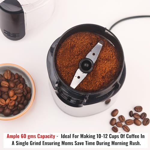 InstaCuppa Electric Coffee Bean Grinder with Stainless Steel Blade and Interior, 60 GMS Capacity,150W Power, Sleek Black Design for Modern Kitchen - Image 3