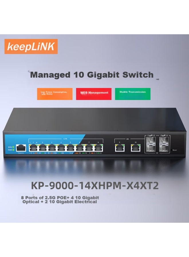 Keeplink Kp-9000 10 Gigabit Switch, 8 Ports 2.5g Poe + 2 Ports 10g Electrical + 4 Ports 10g Optical, Layer 3 Managed Splitter, 150w Per Unit - Image 1