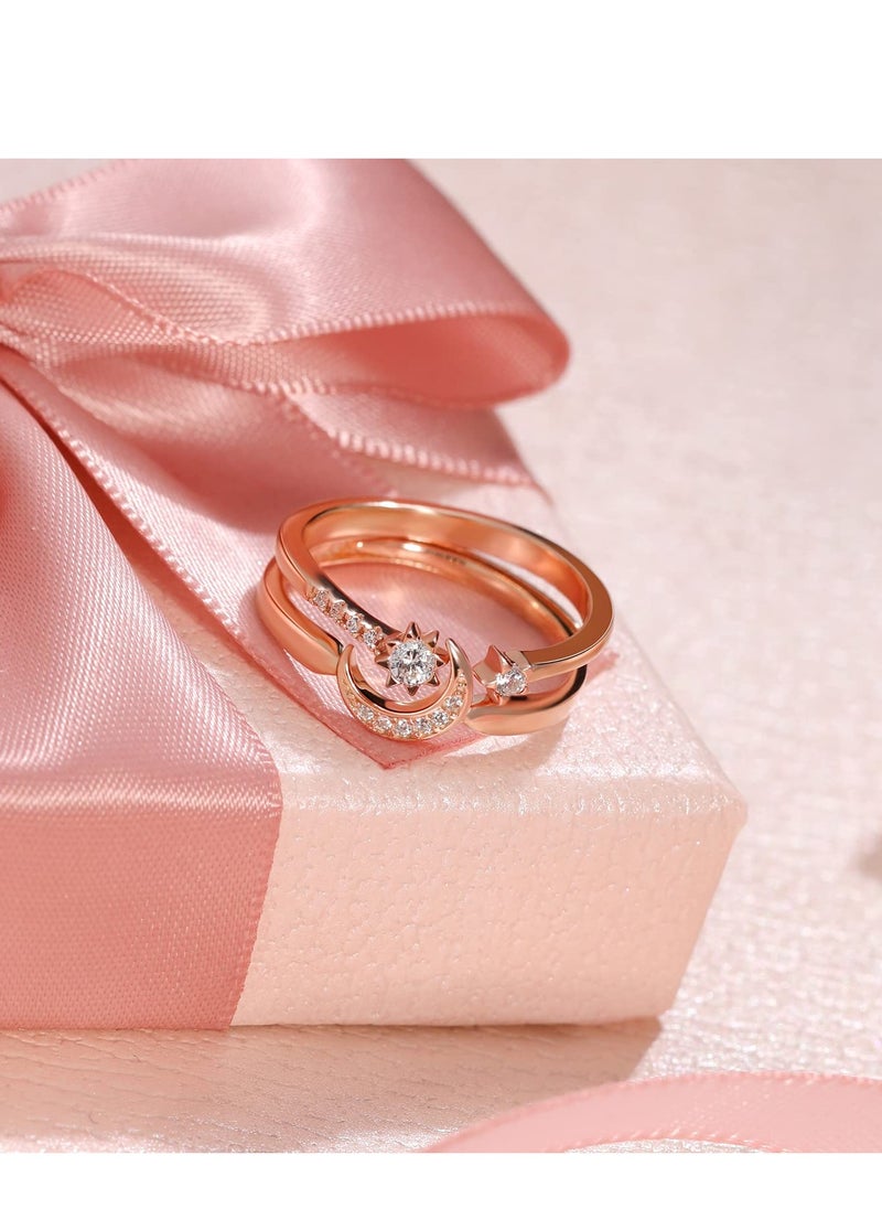 SYOSI - Womens Rings Sterling Silver Moon and Star Ring Set Handmade Stackable Rings Rose Gold Plated Adjustable Size 5-8 Stylish Adjustable Open Rings for Girl Women Wife Rose Gold - Image 1