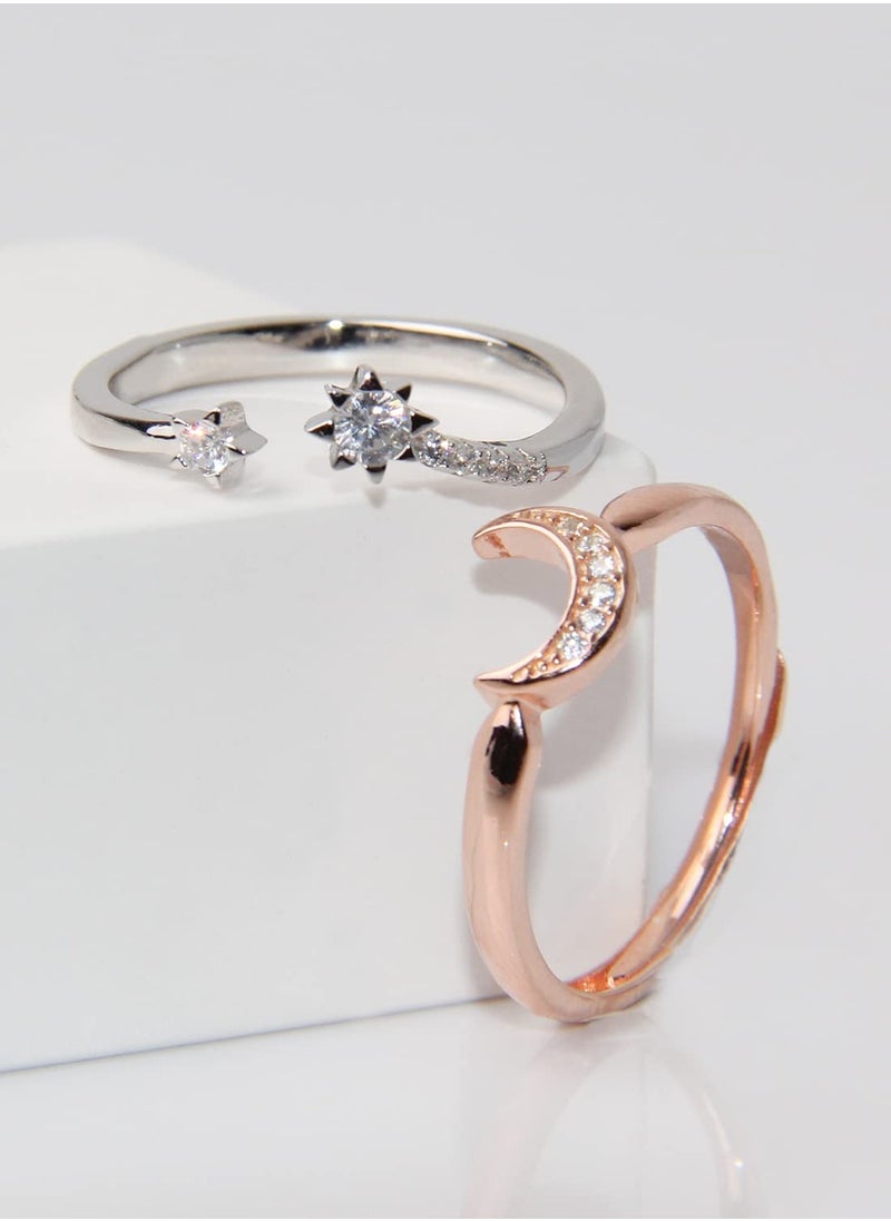 SYOSI - Womens Rings Sterling Silver Moon and Star Ring Set Handmade Stackable Rings Rose Gold Plated Adjustable Size 5-8 Stylish Adjustable Open Rings for Girl Women Wife Rose Gold - Image 1