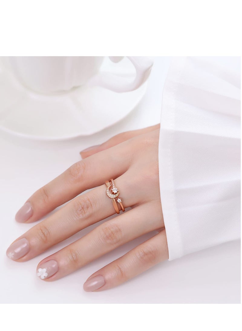 SYOSI - Womens Rings Sterling Silver Moon and Star Ring Set Handmade Stackable Rings Rose Gold Plated Adjustable Size 5-8 Stylish Adjustable Open Rings for Girl Women Wife Rose Gold - Image 1