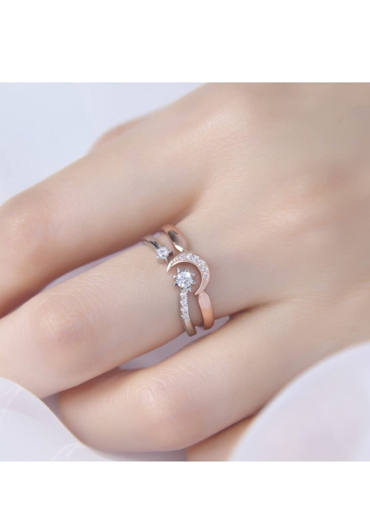 SYOSI - Womens Rings Sterling Silver Moon and Star Ring Set Handmade Stackable Rings Rose Gold Plated Adjustable Size 5-8 Stylish Adjustable Open Rings for Girl Women Wife Rose Gold - Image 1
