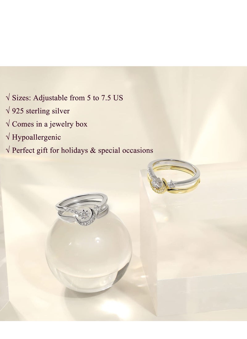 SYOSI - Womens Rings Sterling Silver Moon and Star Ring Set Handmade Stackable Rings Rose Gold Plated Adjustable Size 5-8 Stylish Adjustable Open Rings for Girl Women Wife Rose Gold - Image 1
