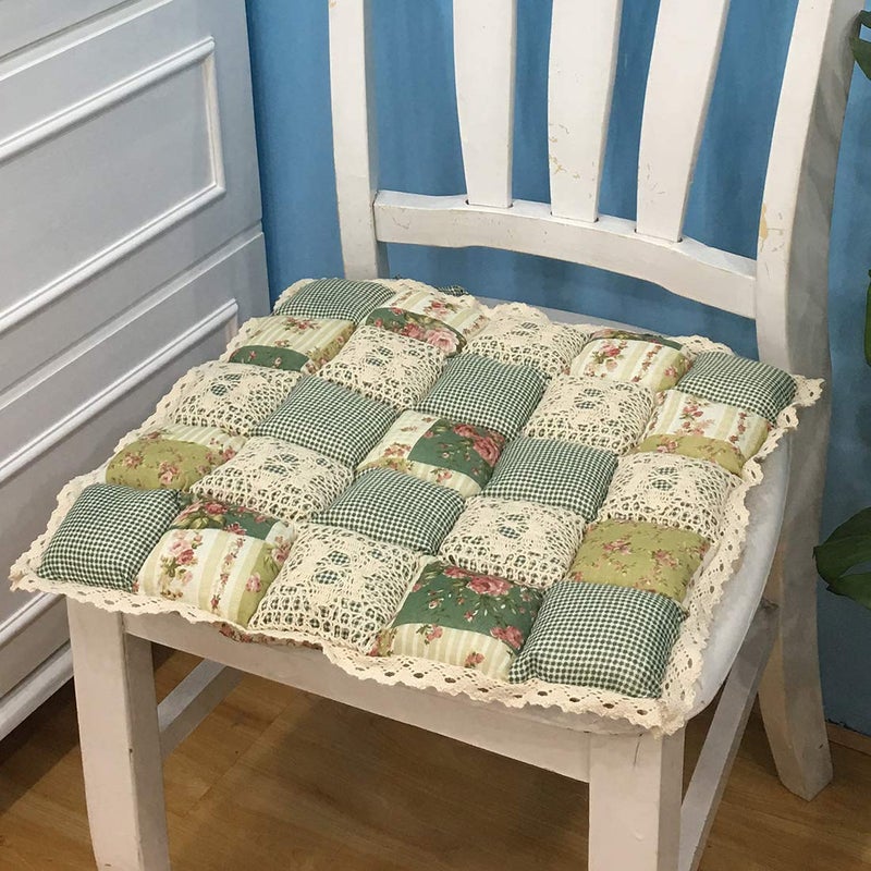 vctops Patchwork Chair Pad with Ties No Slip Lace Trim Chair Cushion Farmhouse Floral Print Kitchen Dining Seat Cushion (017 Green, 16"x16") - Image 1