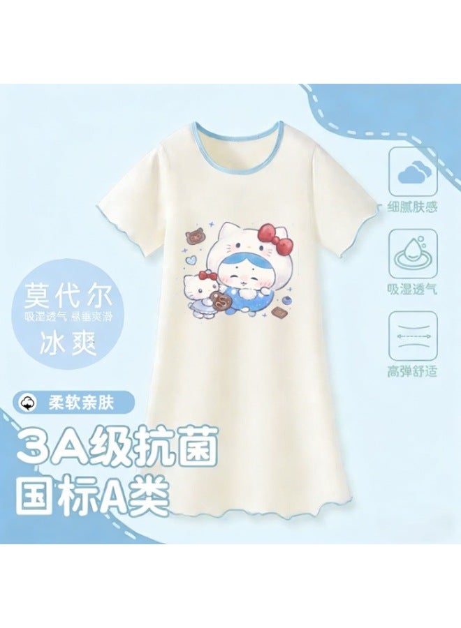 Children's Nightgown For Girls, Summer Modal Round Neck Short-sleeve, Parent-child Cartoon Sweet Girl Pajamas, Home Wear