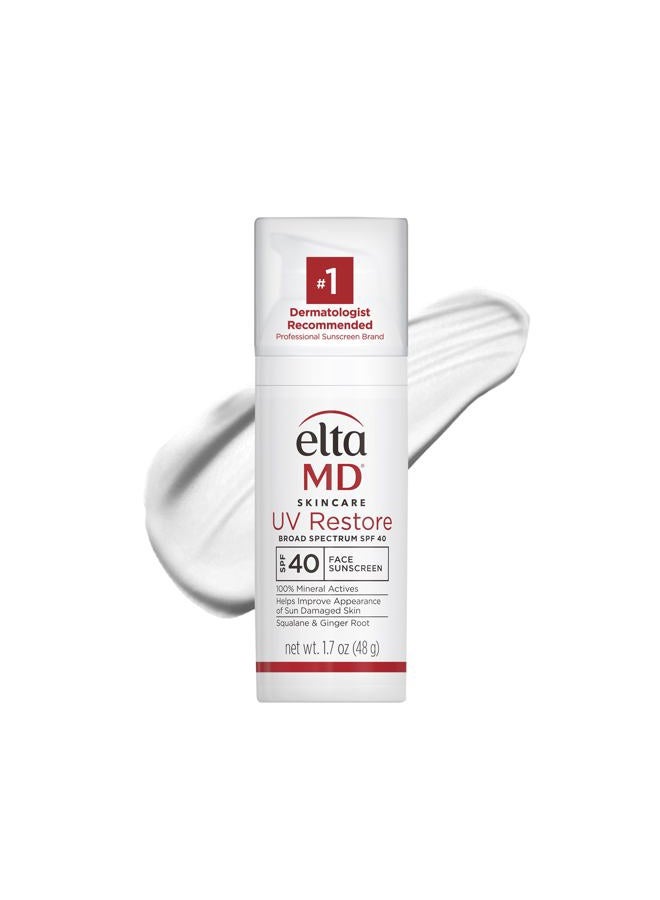 EltaMD UV Restore Face Sunscreen, SPF 40, Mineral Sunscreen for Sun Damaged Skin Repair, Anti-Aging Zinc Oxide Moisturizer Formula for Face, 1.7 oz - Image 1
