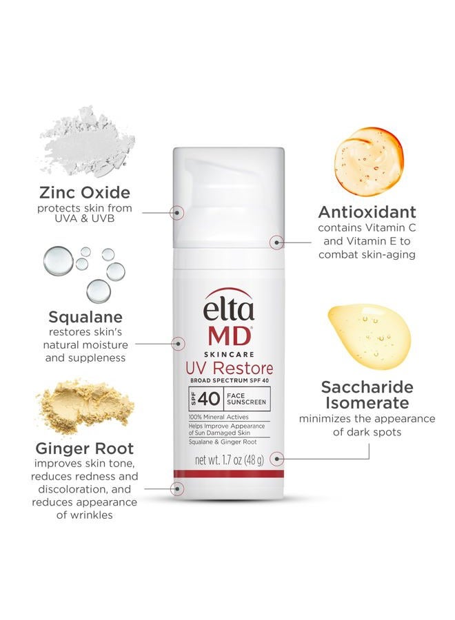 EltaMD UV Restore Face Sunscreen, SPF 40, Mineral Sunscreen for Sun Damaged Skin Repair, Anti-Aging Zinc Oxide Moisturizer Formula for Face, 1.7 oz - Image 4