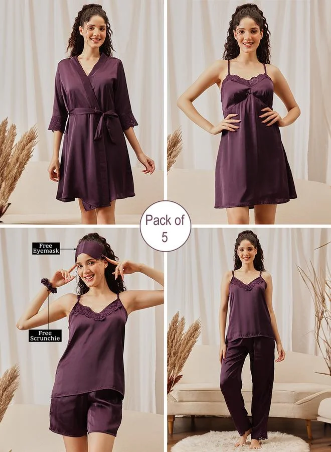 كلوفيا Pack of 5 - Purple Lace Details Nightwear Set