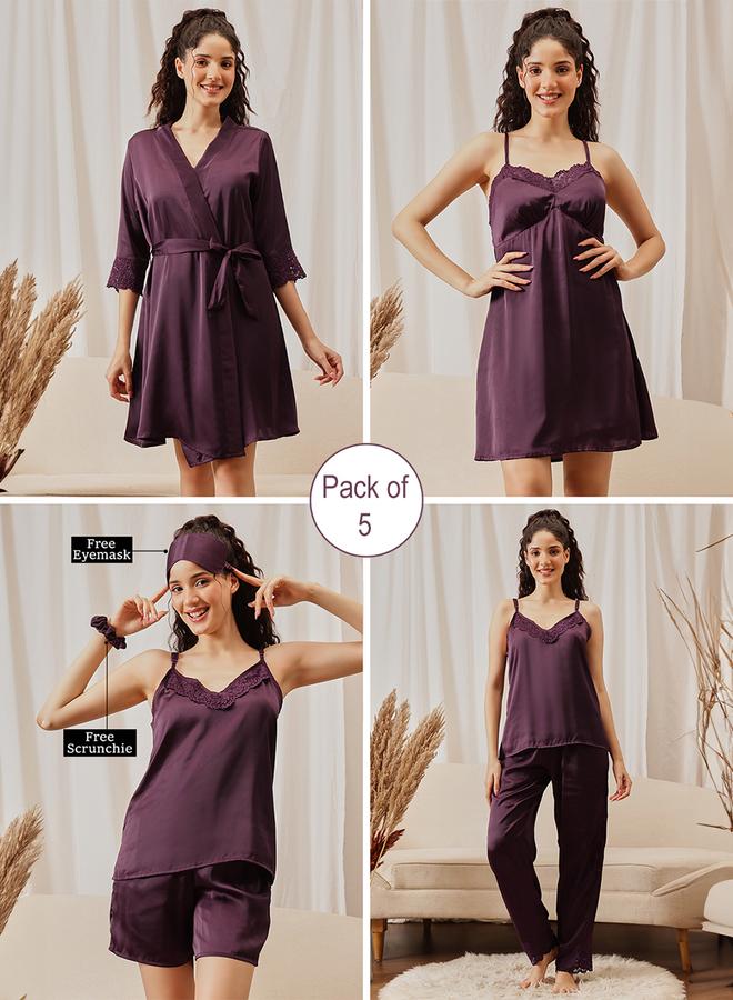 Clovia Pack of 5 - Purple Lace Details Nightwear Set - Image 1