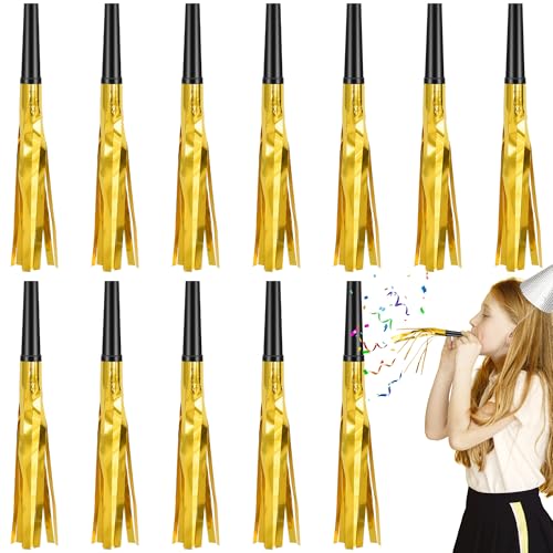 Twavang 12 Pcs Glitter Noise Makers Metallic Fringed Party Blower for Adults Birthday Graduation New Years Party Favors Supplies Gold - Image 1