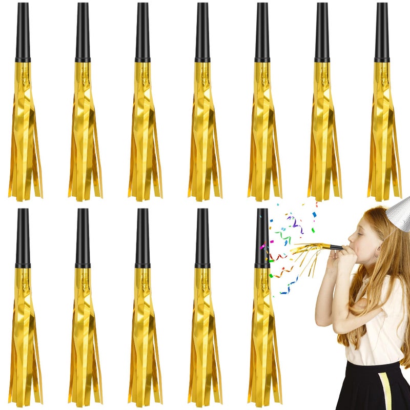 Twavang 12 Pcs Glitter Noise Makers Metallic Fringed Party Blower for Adults Birthday Graduation New Years Party Favors Supplies Gold - Image 3
