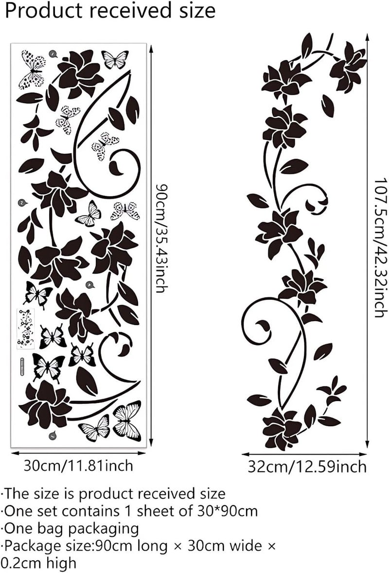 Black Vine Flower Butterfly Wall Decals, Simple Floral Art Wall Stickers, Removable Vinyl Peel and Stick, Suitable for Bathroom Living Room Bedroom Home Decorations - Image 2