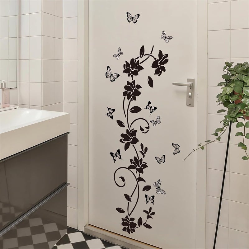 Black Vine Flower Butterfly Wall Decals, Simple Floral Art Wall Stickers, Removable Vinyl Peel and Stick, Suitable for Bathroom Living Room Bedroom Home Decorations - Image 3