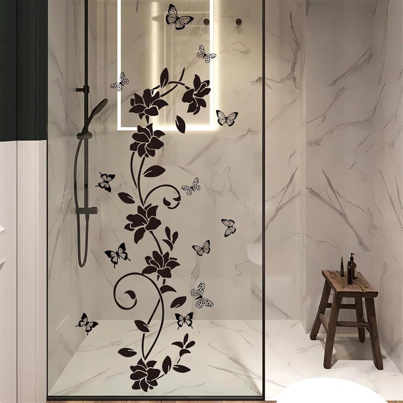 Black Vine Flower Butterfly Wall Decals, Simple Floral Art Wall Stickers, Removable Vinyl Peel and Stick, Suitable for Bathroom Living Room Bedroom Home Decorations - Image 1