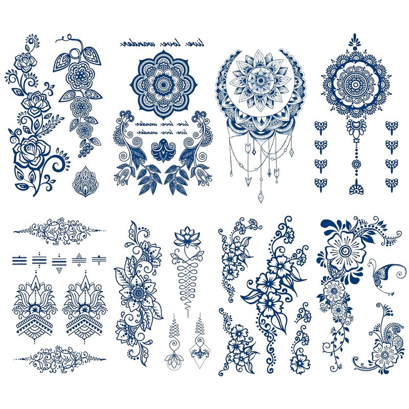 Kotbs 8 Sheets Semi Permanent Henna Tattoos Stickers, Lasts 7-14 Days Premium Temporary Tattoo for Women Girls Adults, Waterproof Realistic Look that Fades Naturally Plant-Based Ink