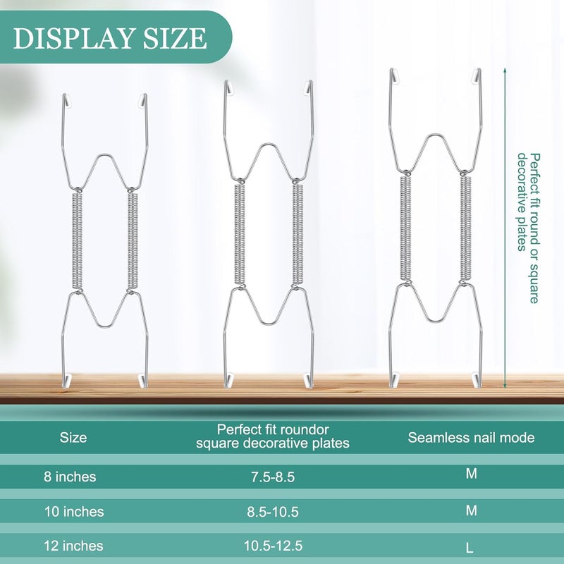 Hotop 12 Pieces Plate Hangers for Wall Stainless Steel Wire Invisible Plate Hangers Heavy Duty Display Holders with 12 Pieces Hooks for Wall Decorative(8/10/12 Inch,Silver) - Image 2