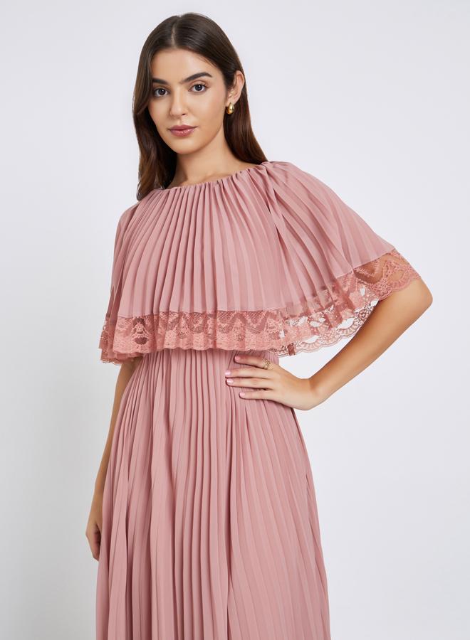 Styli Pink Lace Trim Pleated Maxi Evening Dress - Image 3