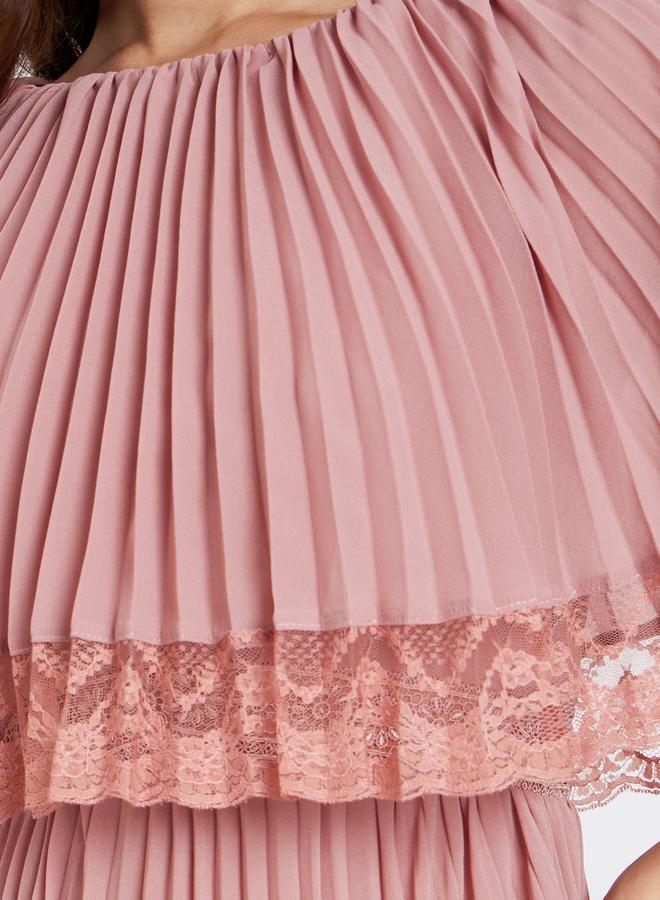 Styli Pink Lace Trim Pleated Maxi Evening Dress - Image 4