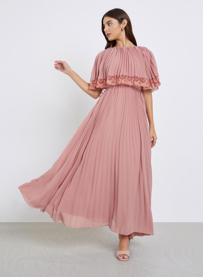 Styli Pink Lace Trim Pleated Maxi Evening Dress - Image 2