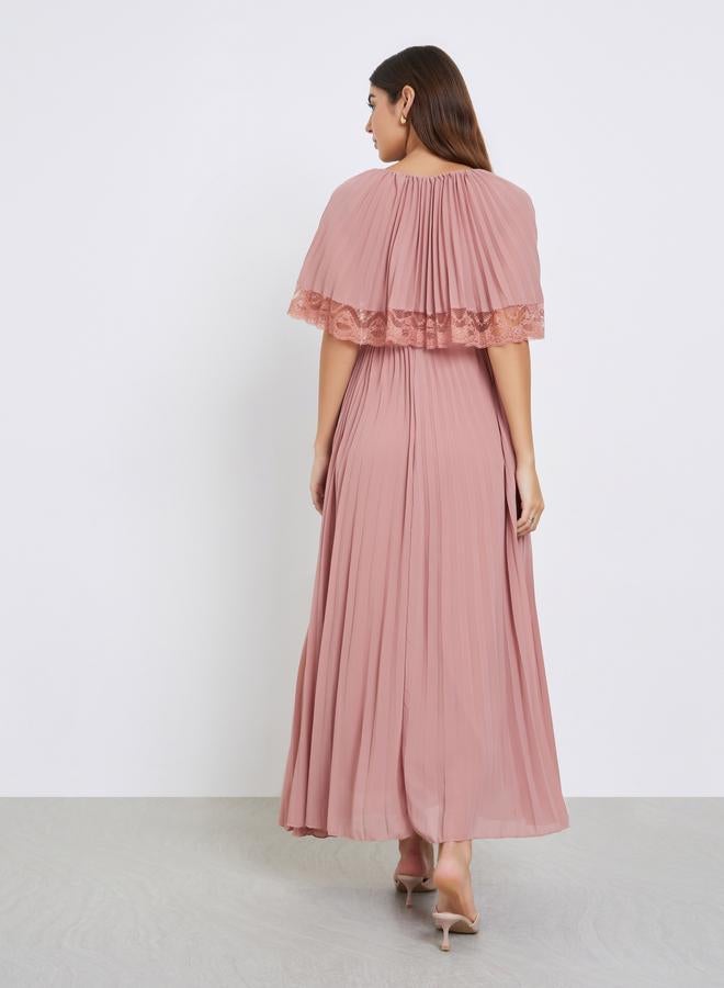 Styli Pink Lace Trim Pleated Maxi Evening Dress - Image 5
