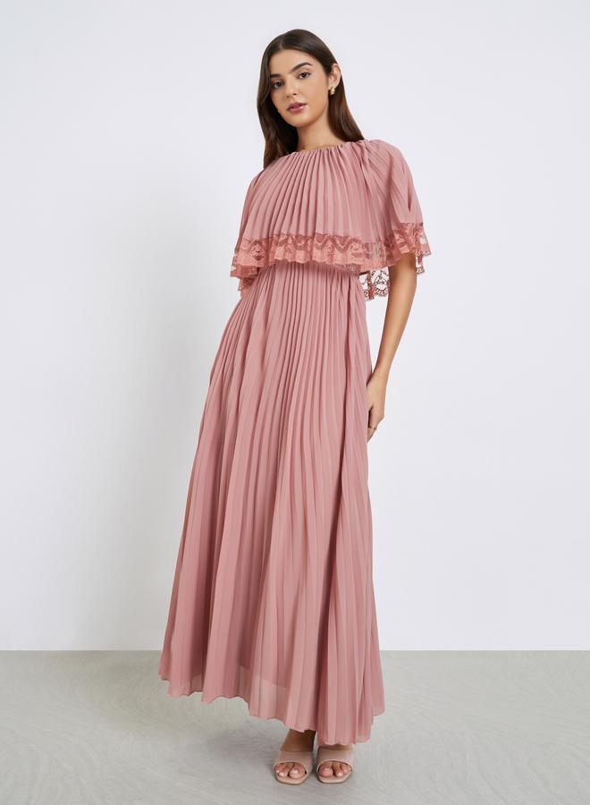 Styli Pink Lace Trim Pleated Maxi Evening Dress - Image 1