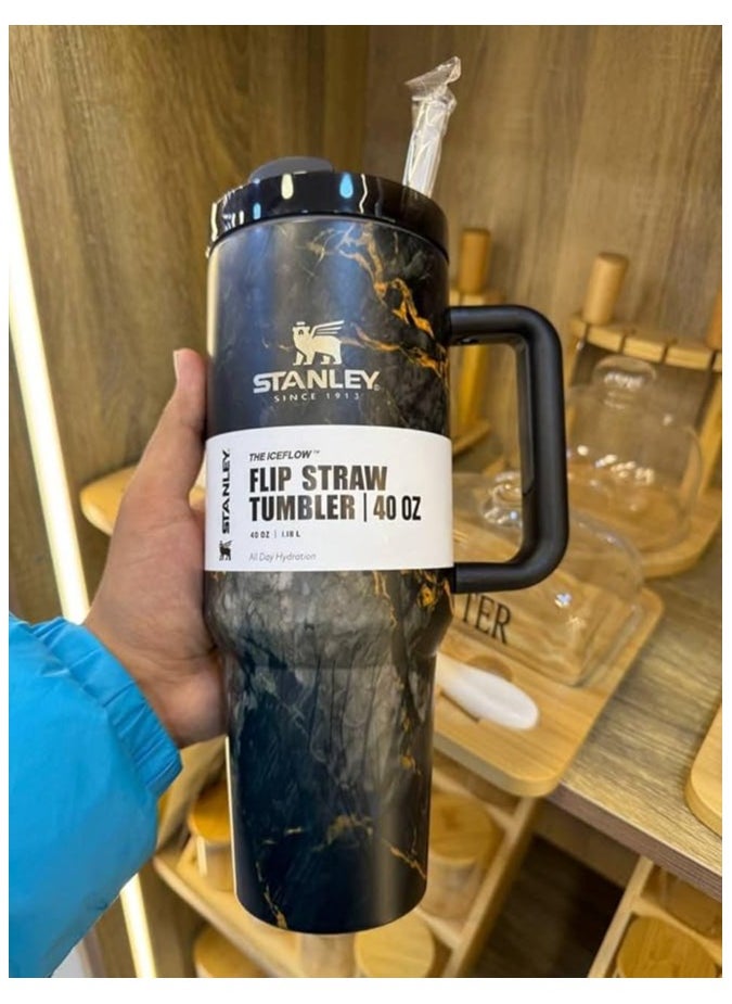 Stanley - Quencher H2.0 State Flute Vacuum Insulated Stainless Steel Tumbler with Lid and Fly Straw for Ice Cream, Coffee, Smoothies and More, Marble Black 2.0, 40 oz - Image 1