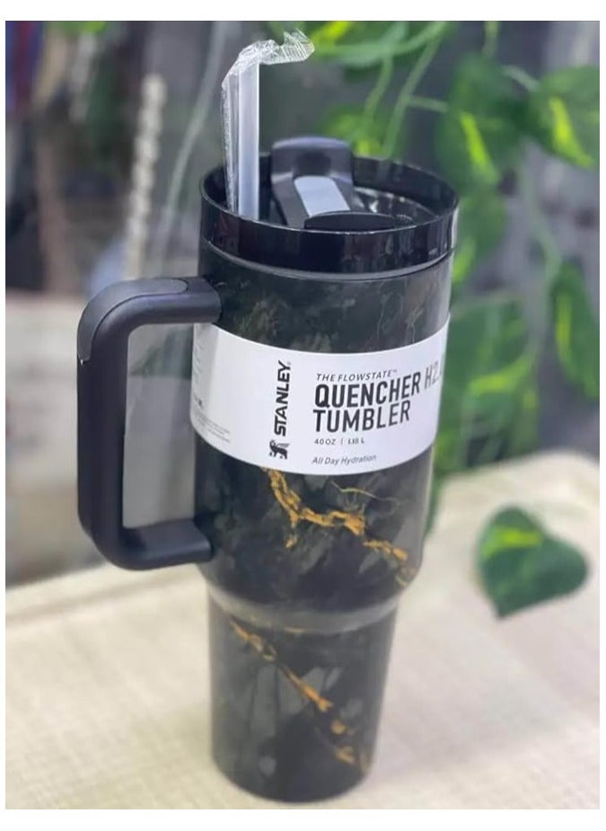 Stanley - Quencher H2.0 State Flute Vacuum Insulated Stainless Steel Tumbler with Lid and Fly Straw for Ice Cream, Coffee, Smoothies and More, Marble Black 2.0, 40 oz - Image 1