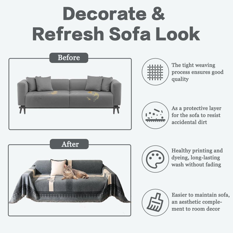 DREAMINGO Vintage Chenille Couch Cover Floral Jacquard Furniture Cover for 3 Seater Sofa Washable Couch Protector for Dogs Cats Non Slip Sectional Sofa Slipcover 71"x134", Grey - Image 3