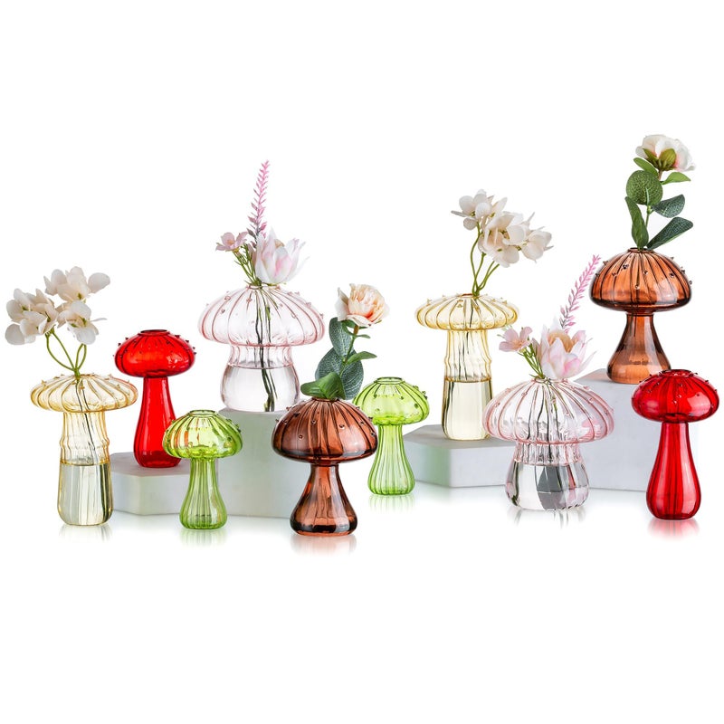 Glasseam Mushroom Flower Bud Vases Set of 5 Cute Colored Glass Small Vase for Flowers Unique Aesthetic Decorative Vases for Home Decor Hydroponic Plant Vase Indoor for Dining Room Centerpieces